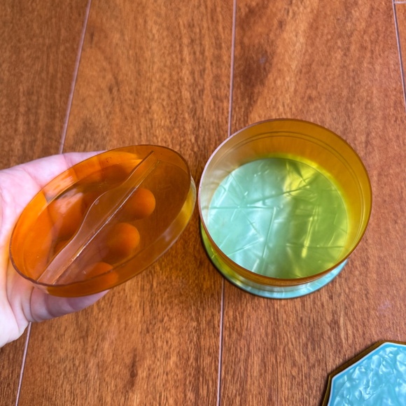 1930s Celluloid Art Deco Amber Blue Floral Powder Vanity Jar Trinket Box Jewelry - Picture 5 of 11